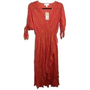 Michael Michael Kors Midi Dress Metallic Crepe Ruffle Wrap In Sangria Size XS